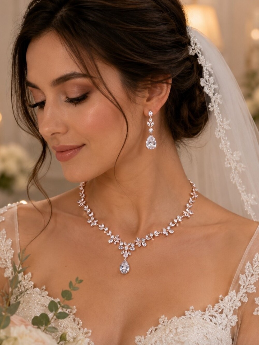 New Bridal 18k Rose Gold Finish Austrian Crystal Necklace and Earring Set